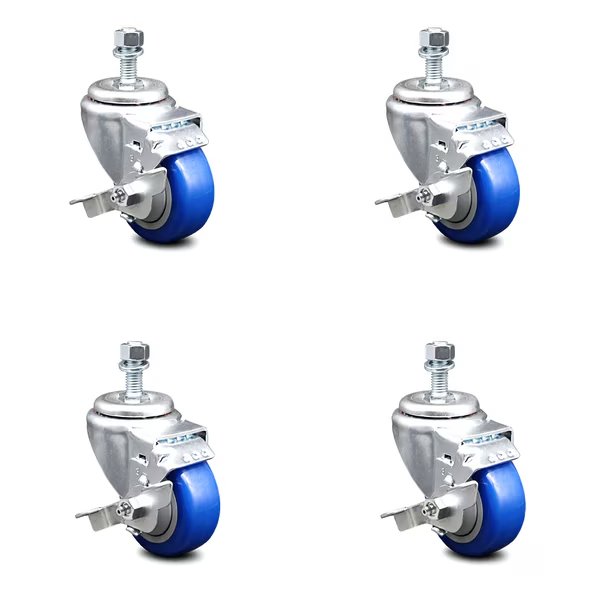 3.5 Inch Blue Polyurethane Swivel ½ Inch Threaded Stem Caster Set with Brake, Service Caster, Mfr#: SCC-TS20S3514-PPUB-BLUE-TLB-121315-4